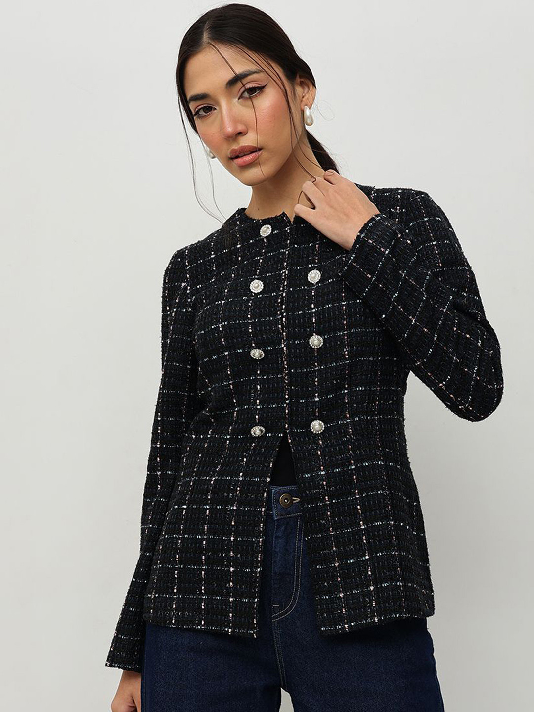 

HOUSE OF S Women Checked Long Sleeves Open Front Jacket, Black