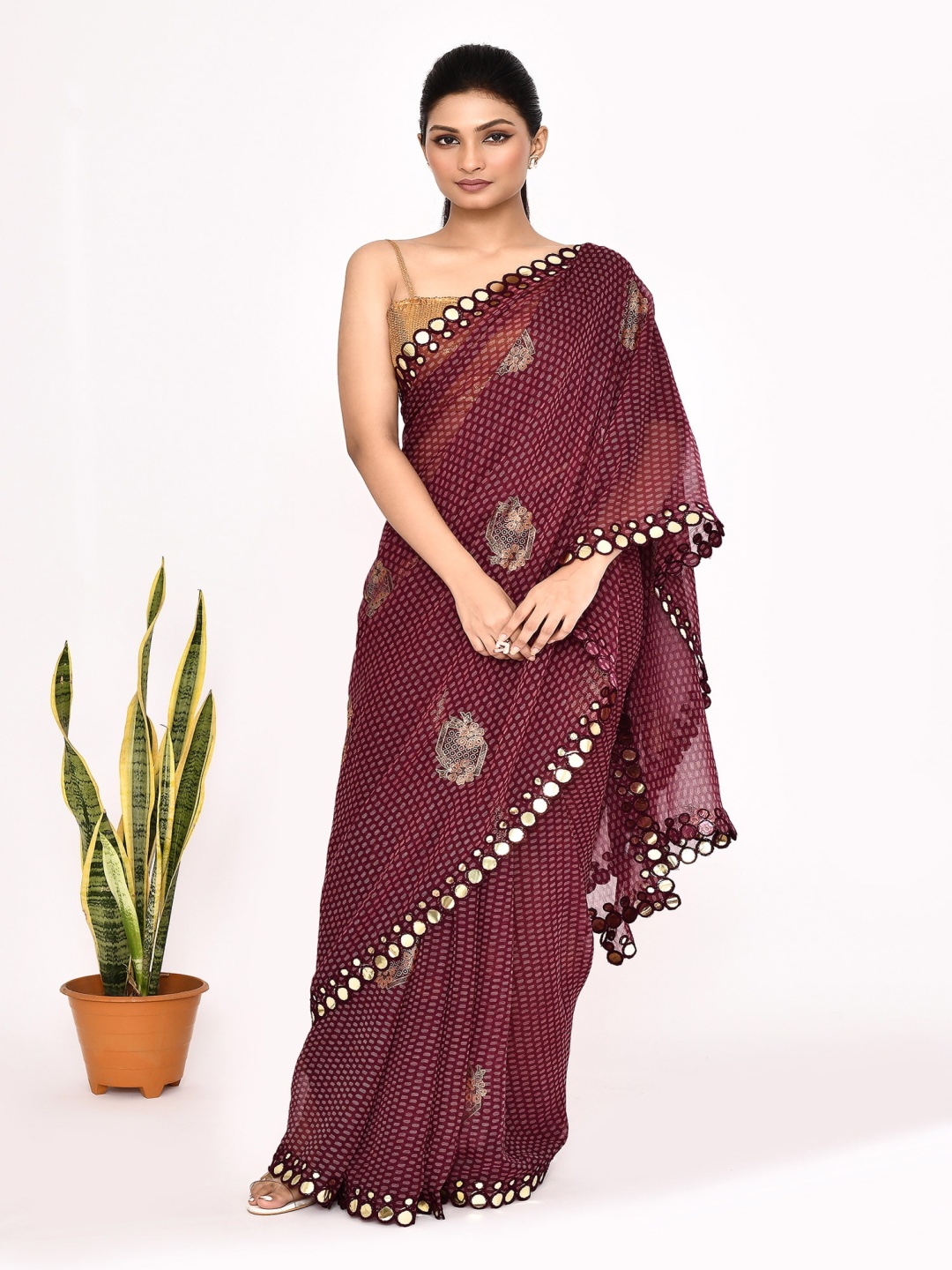 

Manu Designer Floral Beads and Stones Pure Chiffon Saree, Maroon