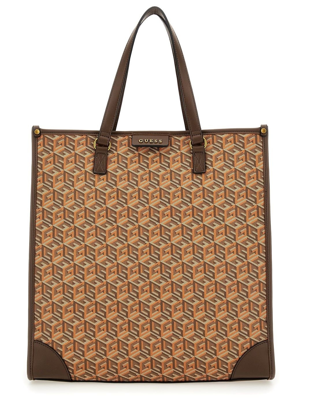 

GUESS Geometric Printed PU Shopper Tote Bag with Cut Work, Brown