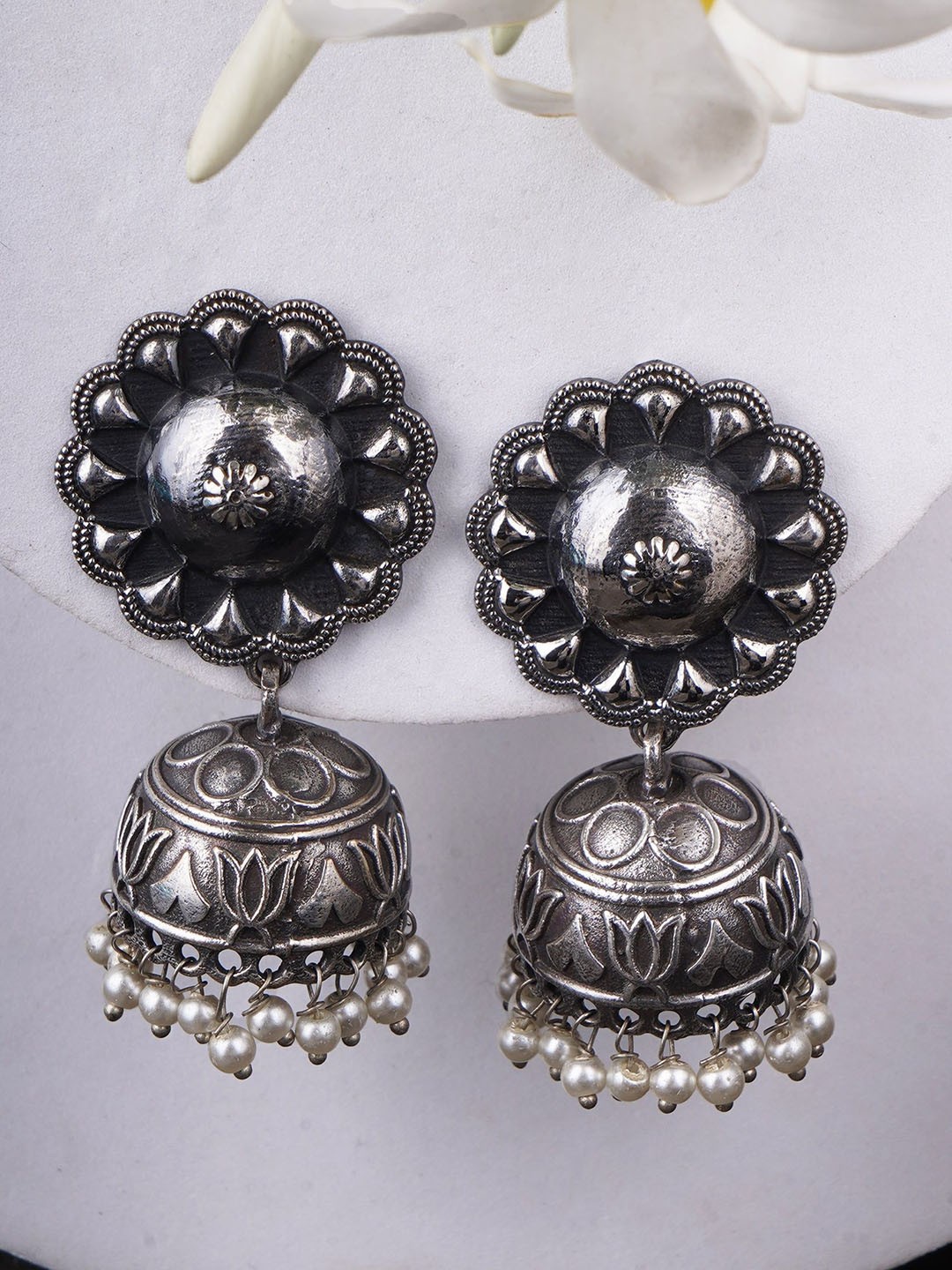 

Adwitiya Collection Silver-Plated Dome Shaped Jhumkas