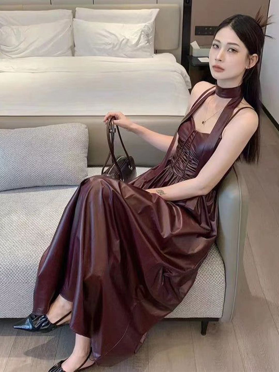 

PANKH Women Leather Fit & Flare Midi Dress, Maroon