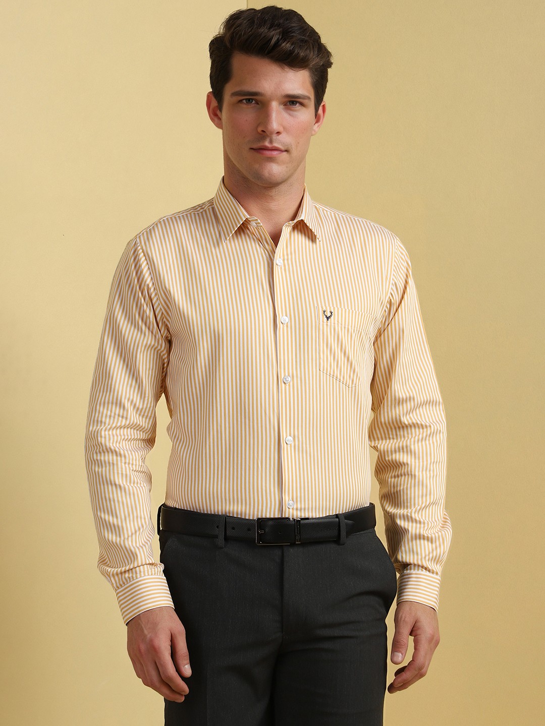 

Allen Solly Men Slim Fit Spread Collar Vertical Striped Cotton Formal Shirt, Yellow