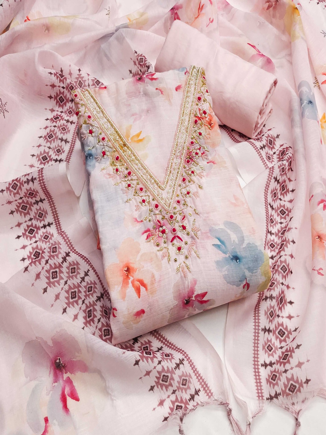 

Maroosh Floral Printed Beads And Stones Unstitched Dress Material, Pink
