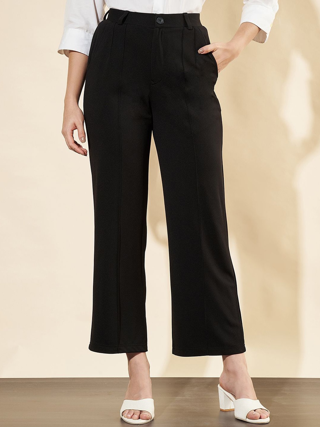 

Moda Rapido Women Relaxed High-Rise Easy Wash Loose Fit Cropped Trousers, Black