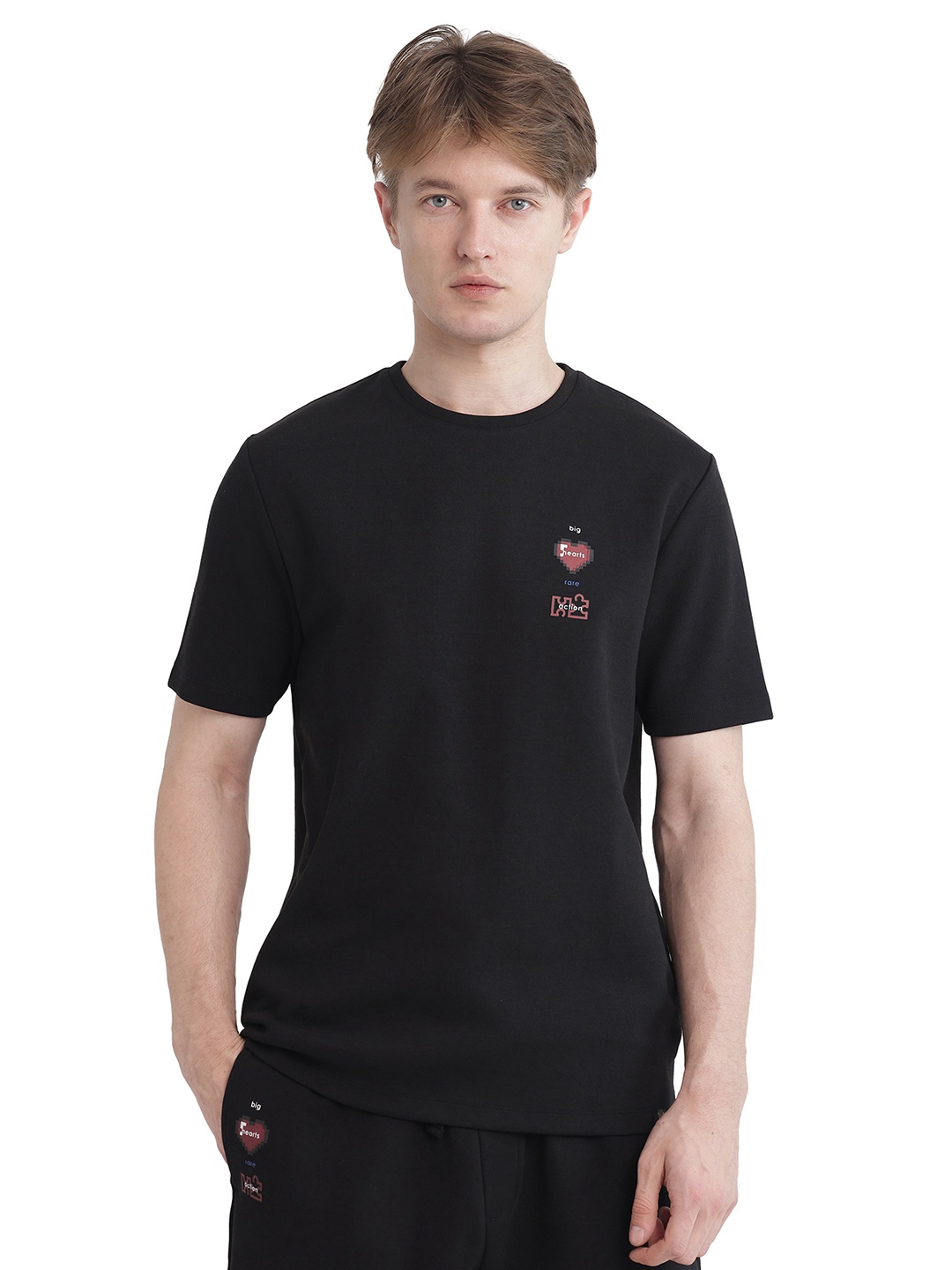 

RARE RABBIT Men Solid Round Neck Cotton Oversized T-shirt, Black