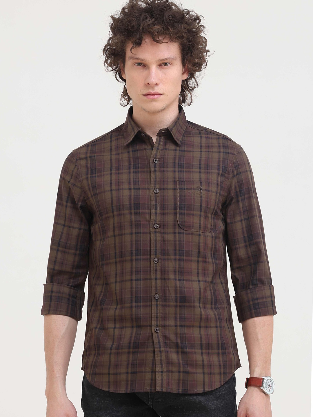 

Grit and Flair Men Comfort Slim Fit Spread Collar Tartan Checked Cotton Casual Shirt, Brown