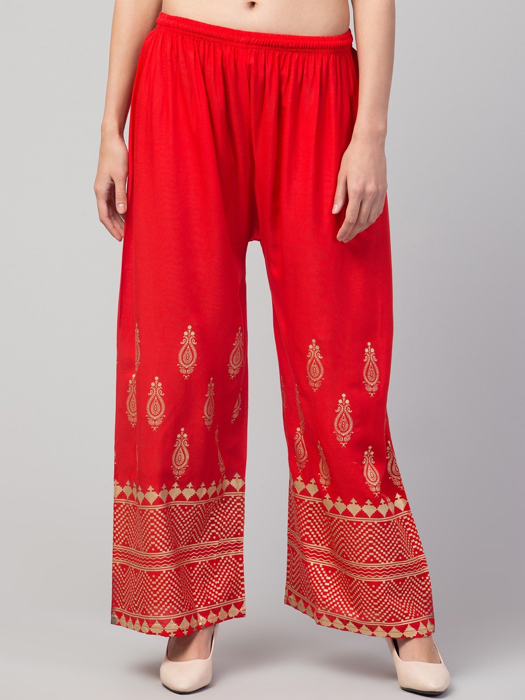 

FAMBEE Women Printed Flared Knitted Palazzos, Red