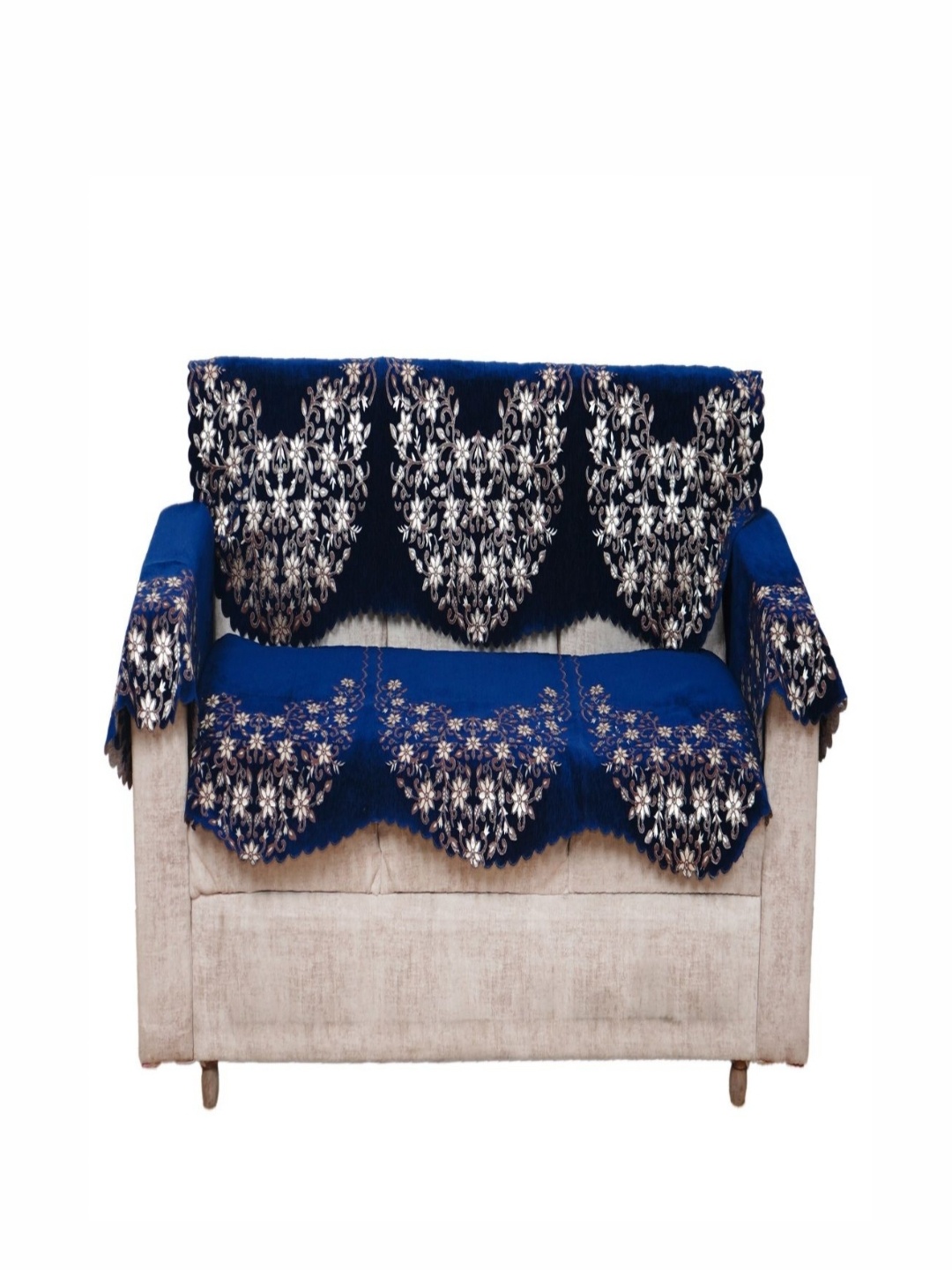 

Fashion Throw Navy Blue & Gold-Toned Printed Jacquard 4 Piece Sofa Cover With Arms