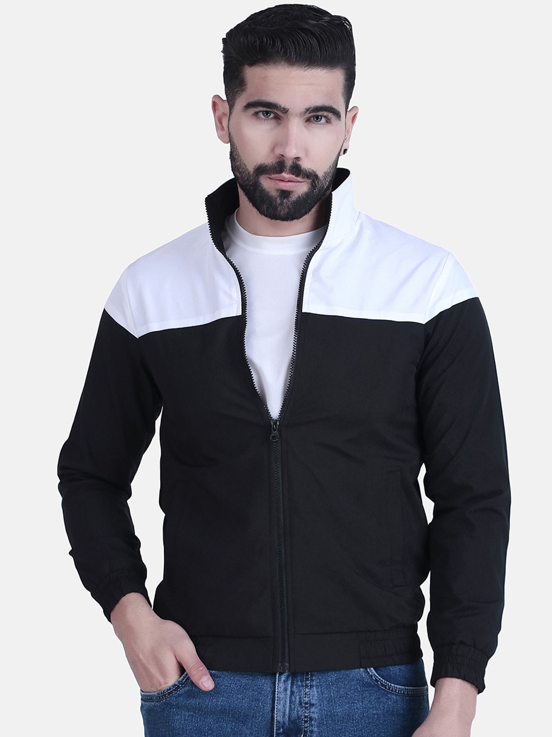 

WELL QUALITY Men Dry Fit Mock Collar Colourblocked Windcheater Bomber Jacket, Black
