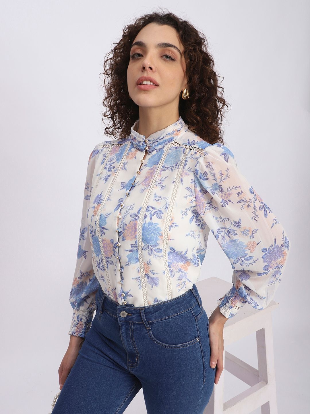 

R&B Floral Print long Top, Blue