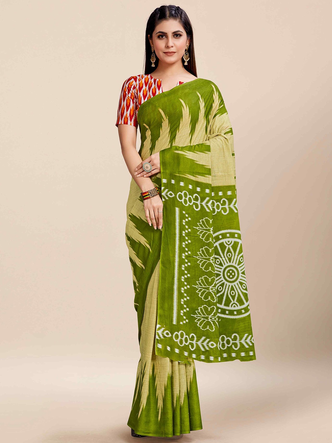 

HERE&NOW Pure Cotton Ikat Saree, Green