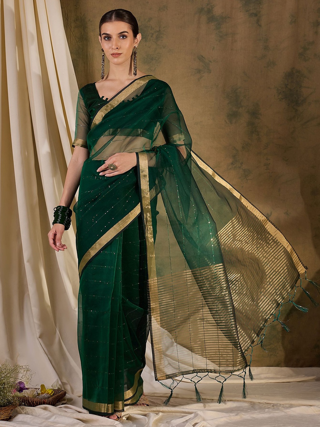 

KIMISHA Embellished Sequinned Organza Saree, Green