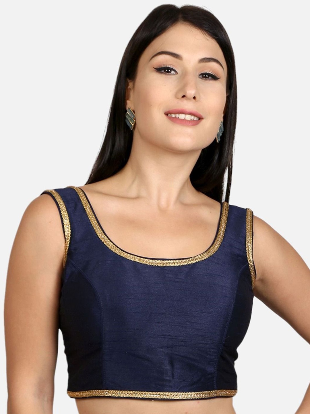 

neckbook Women Stone Work Lace Padded Sleeveless Saree Blouse, Navy blue