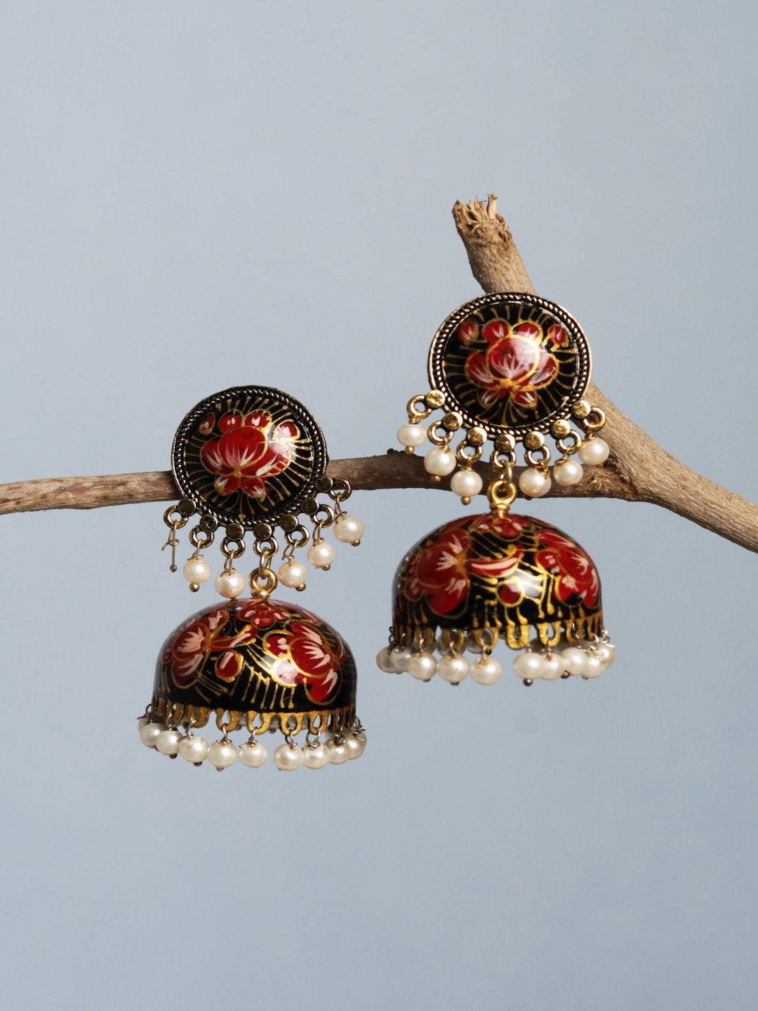 

Saagah Meenakari German Silver Artificial Beaded Dome Shaped Jhumkas, Black
