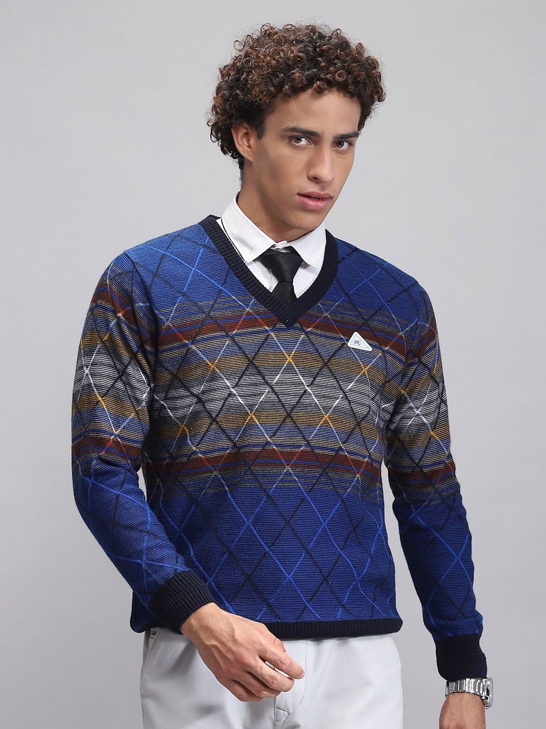 

Monte Carlo Men Chevron Printed Woollen Pullover Sweater, Blue