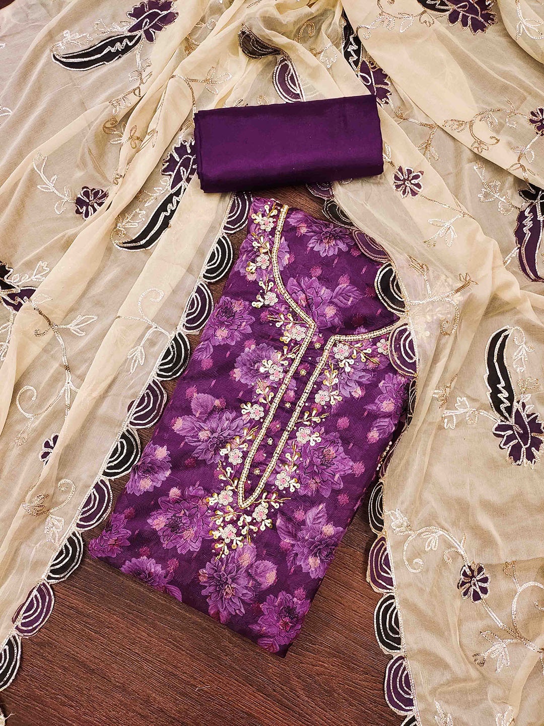 

KALINI Embellished Unstitched Dress Material, Purple