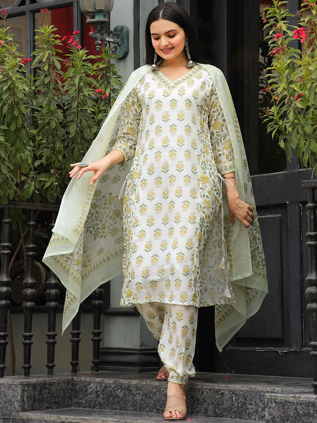 

HERE&NOW Floral Printed Block Print Pure Cotton Straight Kurta With Salwar And Dupatta, Yellow