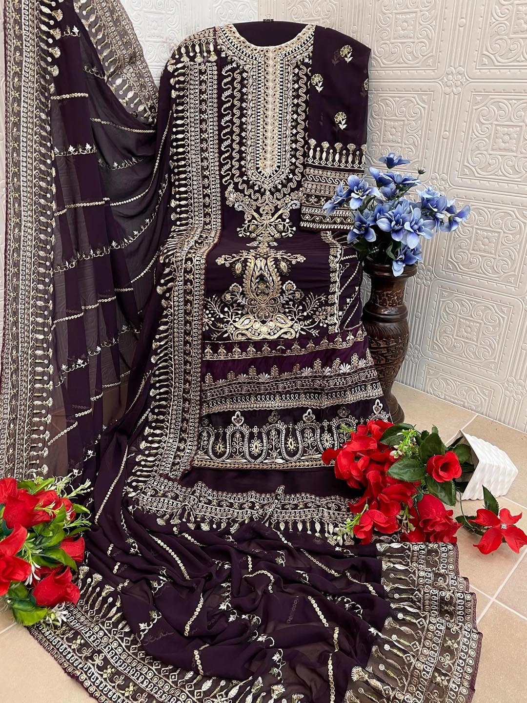 

ANAMSA Ethnic Motifs Zari Embroidered Semi-Stitched Dress Material, Purple