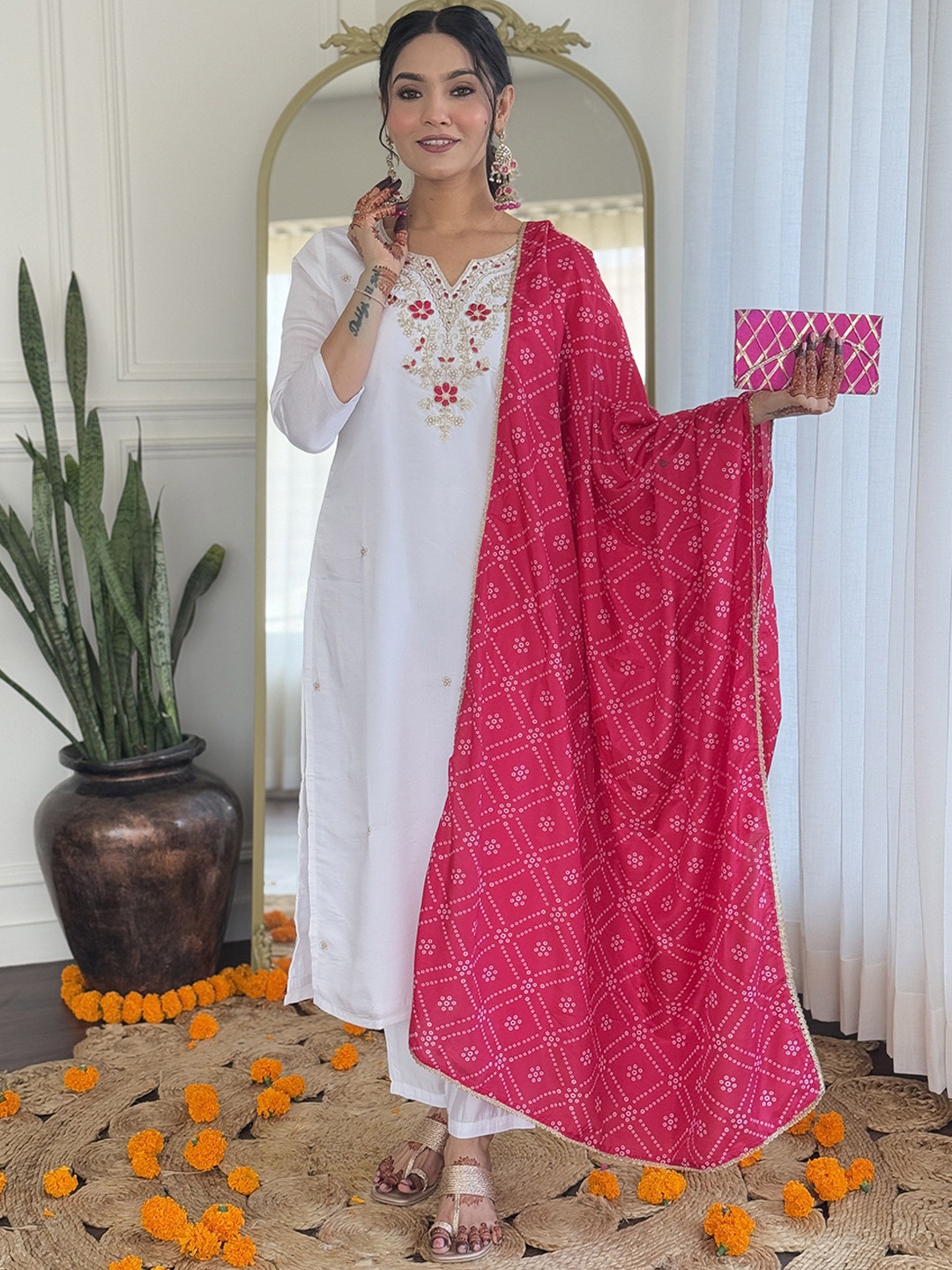

Fashion Care Navlik Floral Embroidered Notch Neck Straight Kurta With Trousers & Dupatta, White