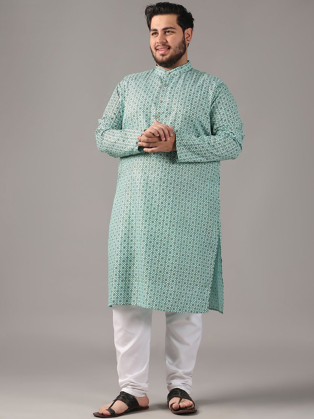 

SOJANYA PLUS Plus Size Men Ethnic Motifs Printed Cotton Linen Straight Kurta With Pyjamas, Sea green