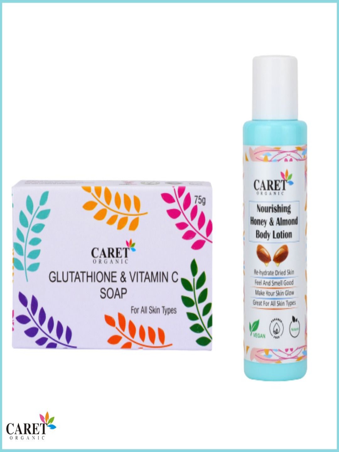 

CARET ORGANIC Set Of 2 Gluthathione Vitamin C Soap 75 g With Honey & Almond Lotion 100 ml, Multi