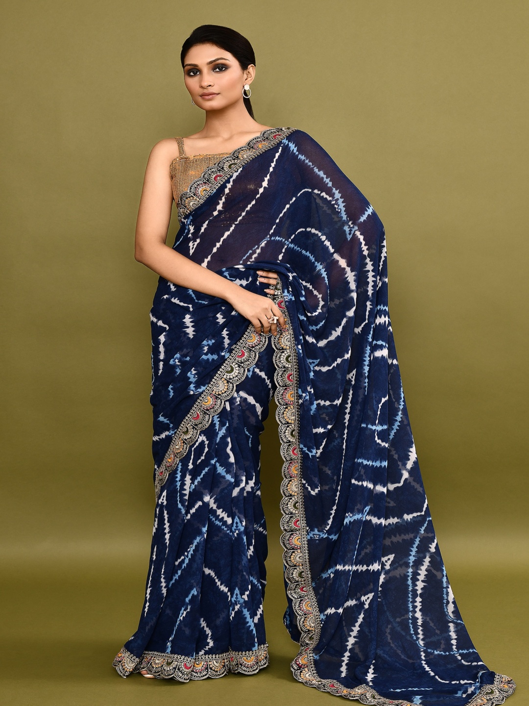 

Manu Designer Tie and Dye Embroidered Pure Georgette Saree, Blue