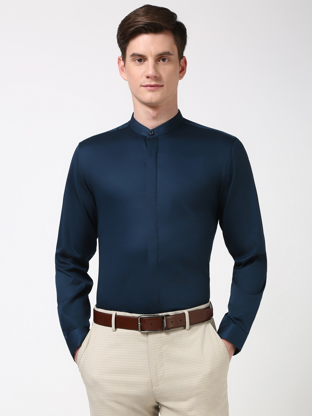 

Peter England Men Slim Fit Band Collar Solid Cotton Formal Shirt, Navy blue