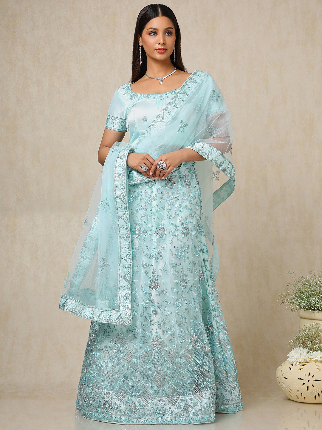 

Soch Embellished Sequinned Unstitched Lehenga & Blouse With Dupatta, Turquoise blue