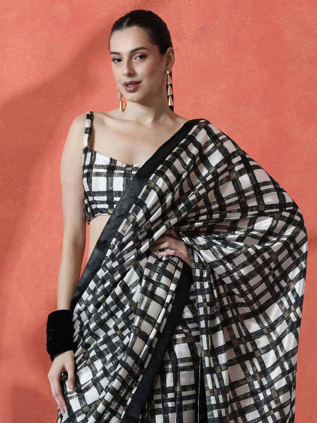 

Sangria Ready to wear Satin Checked Digital Printed Saree, Black