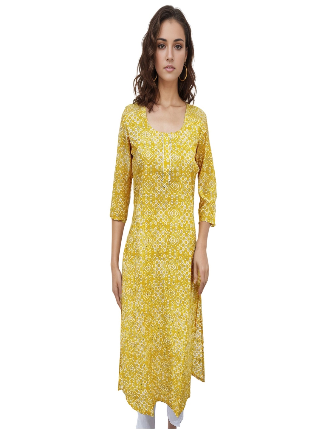 

RAYINVENT Ethnic Motifs Printed Round Neck Gotta Patti Pure Cotton Straight Kurtas, Yellow