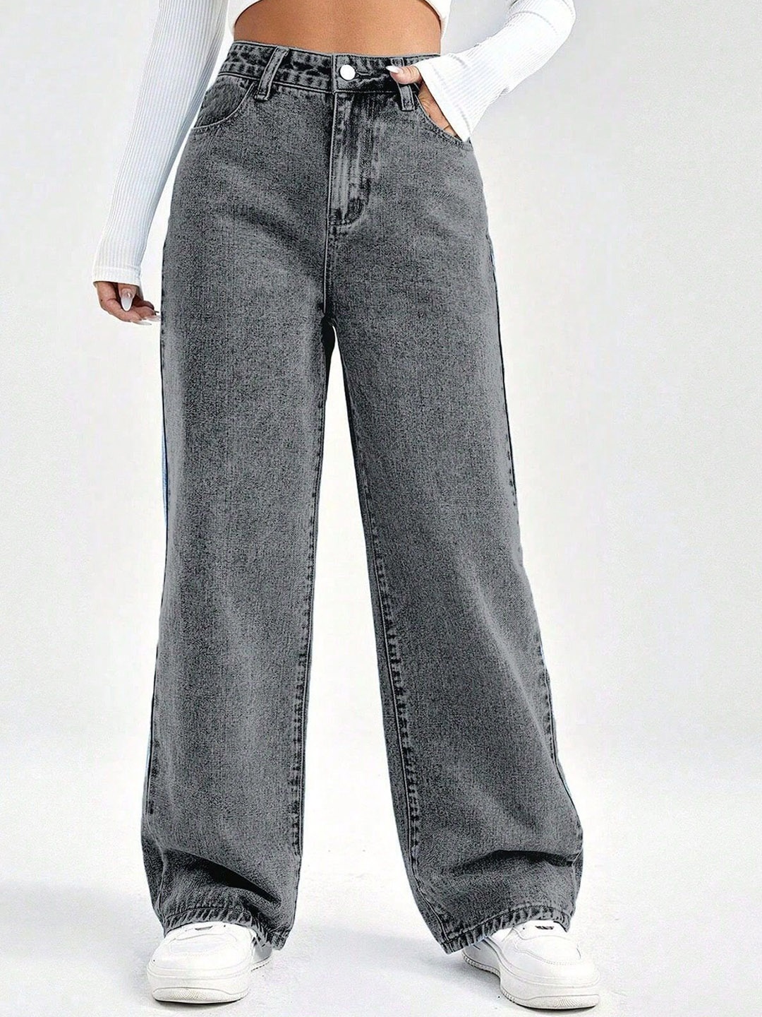 

NUCOUTHS Women Comfort Wide Leg Stretchable Jeans, Grey