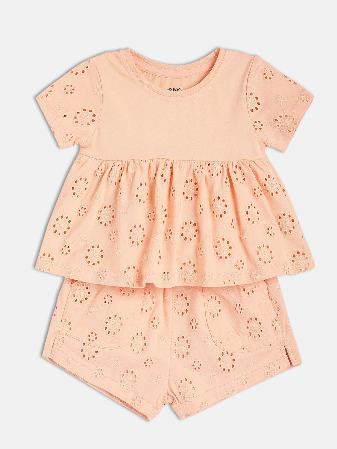 

MINI KLUB Girls Self Design Round Neck Pure Cotton Top With Shorts, Coral