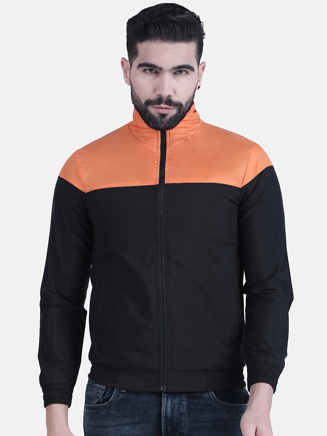 

WELL QUALITY Men Mock Collar Colourblocked Casual Windcheater Bomber Jacket, Black