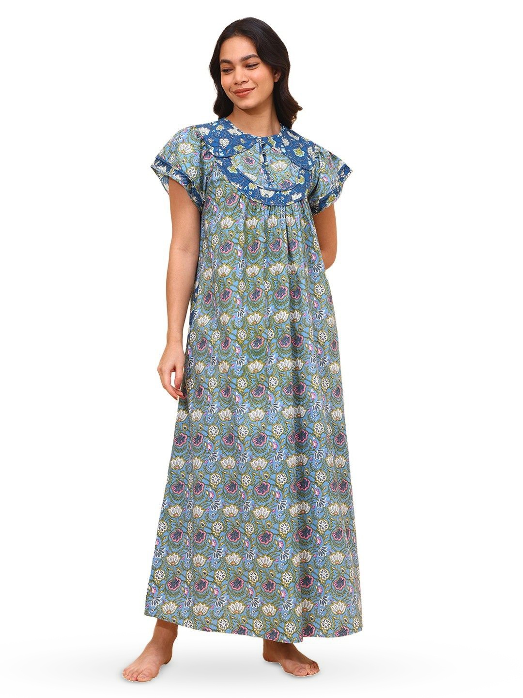 

YELLOW BLOOM Women Floral Printed Pure Cotton Maxi Nightdress, Blue