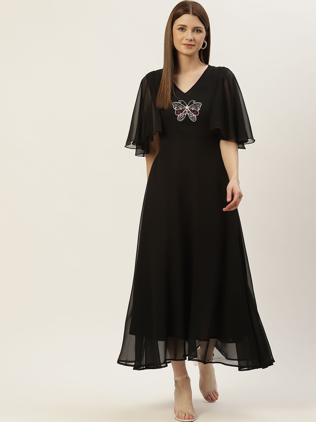 

Moda Rapido Flared Sleeve Georgette Maxi Dress, Black