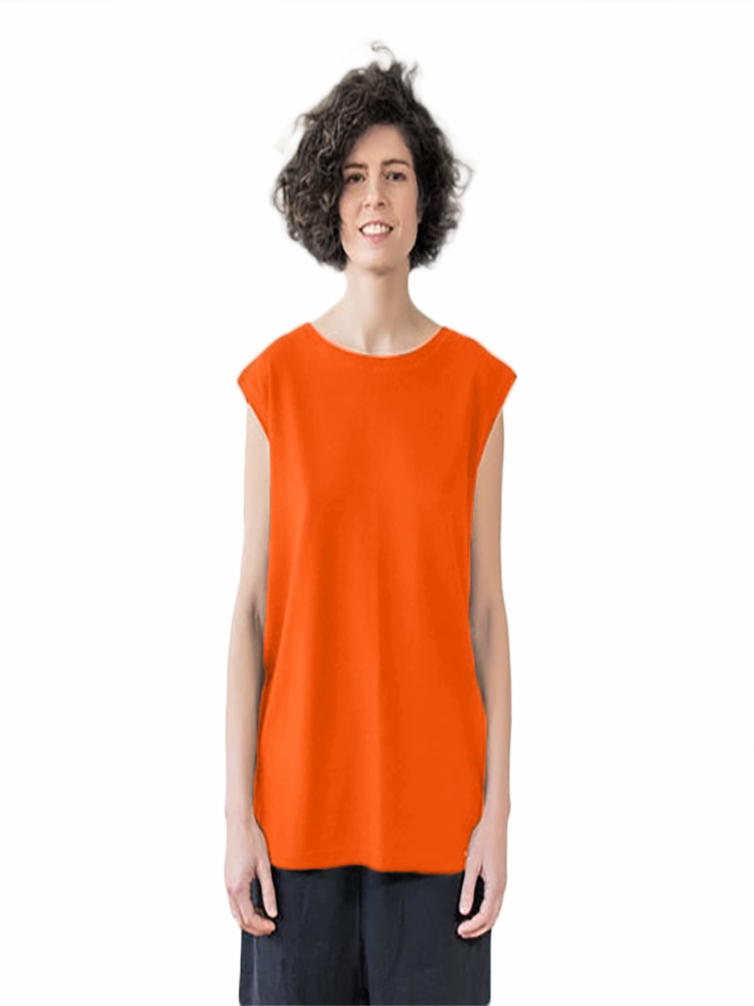 

NOTWILD Women Solid Round Neck Relaxed Fit Cotton T-shirt, Orange