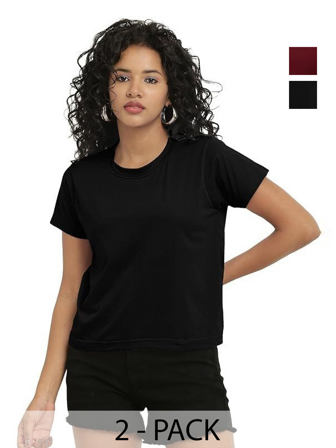 

NOTWILD Women Pack Of 2 Solid Round Neck Cotton T-shirts, Black