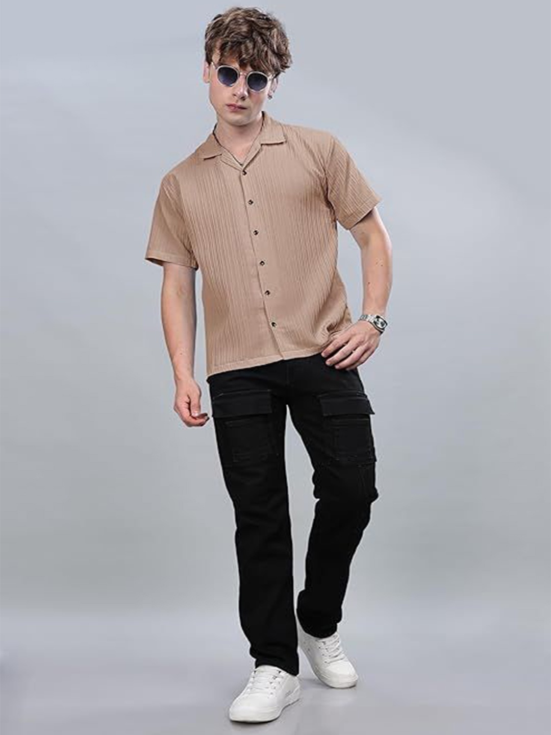 

SWADESI STUFF Men Comfort Fit Cuban Collar Textured Casual Shirt, Coffee brown