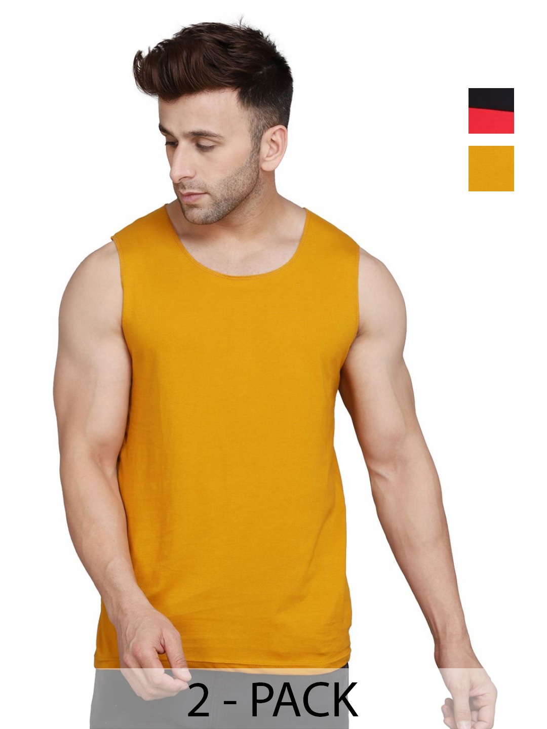 

WOOSTRO Men Pack Of 2 Solid Round Neck Cotton Slim Fit T-shirts, Mustard