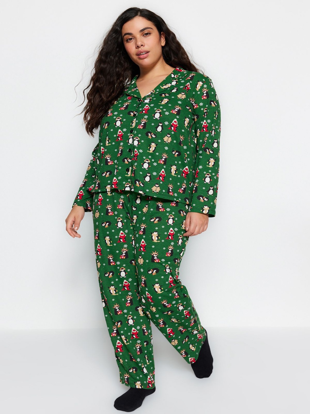 

Trendyol Printed Lapel Collar Night Suits, Green