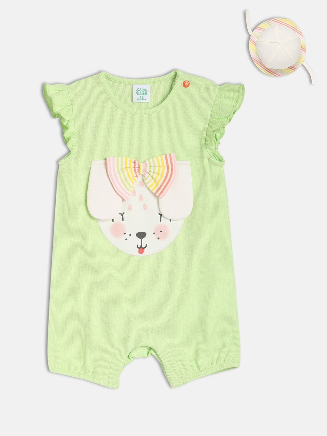 

MINI KLUB Infant Girls Printed Cotton Sleeveless Applique Romper With Cap, Green
