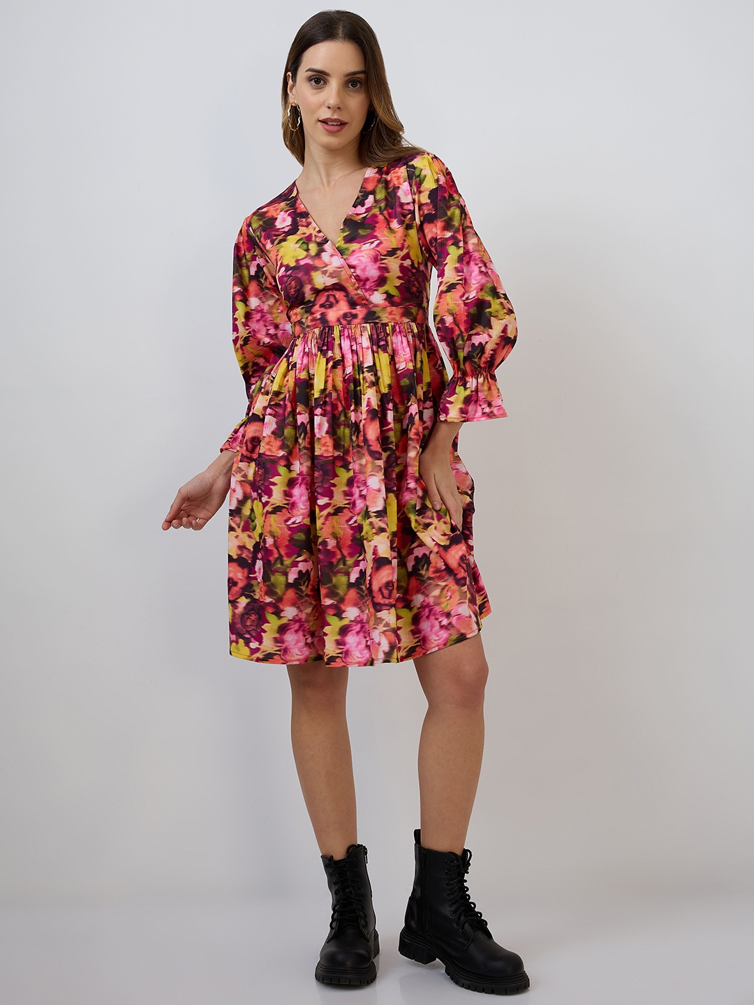

DressBerry Women Floral Printed Gathered A-Line Dress, Black