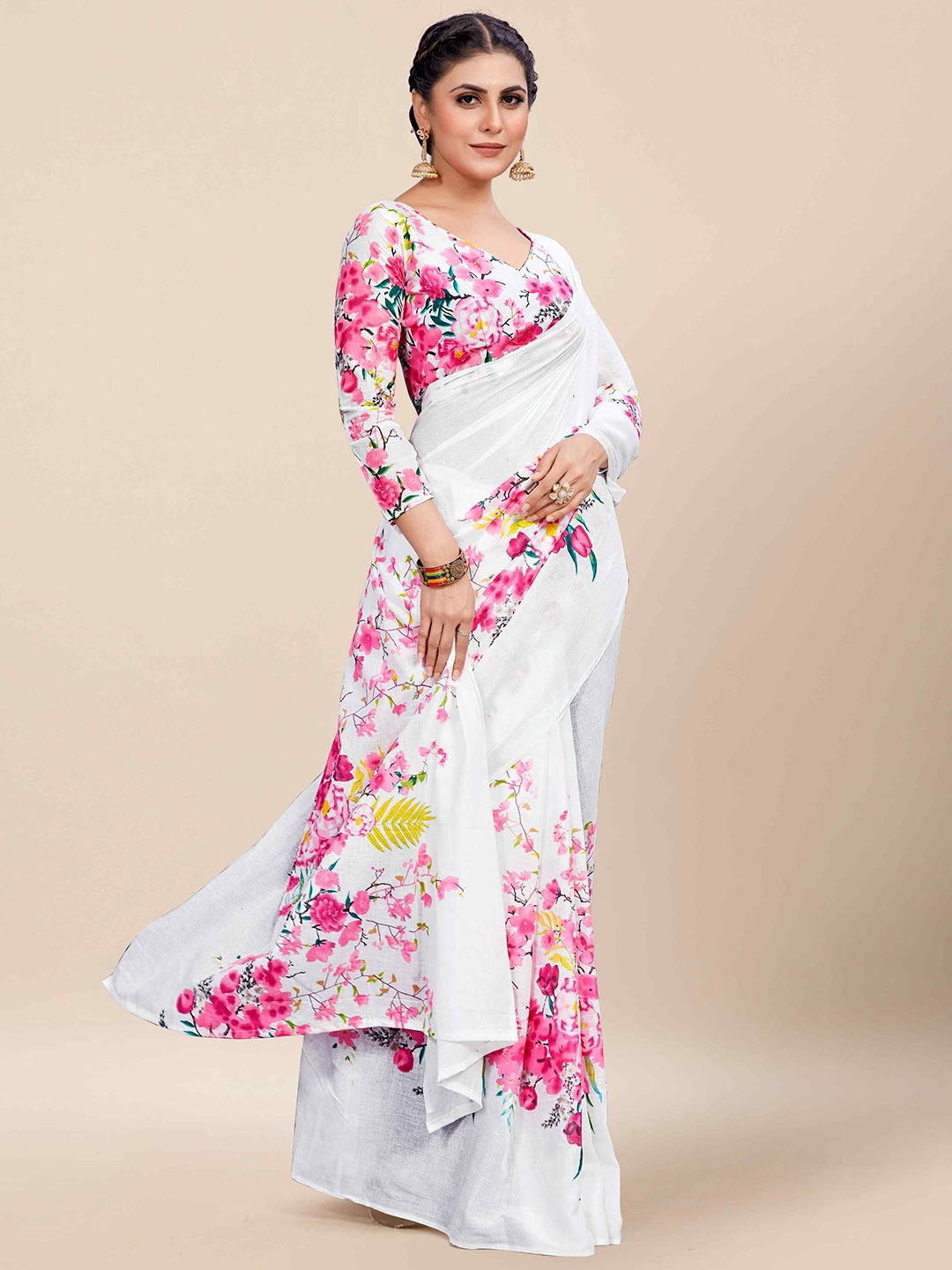 

HERE&NOW Floral Printed Pure Cotton Ikat Saree, White