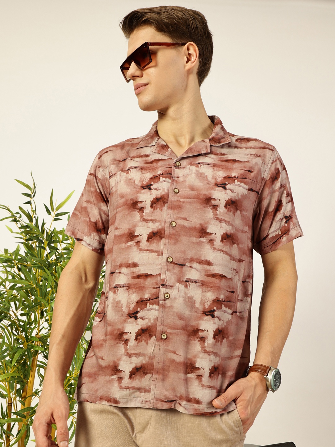 

Mast & Harbour Men Cuban Collar Abstract Printed Cotton Casual Shirt, Peach