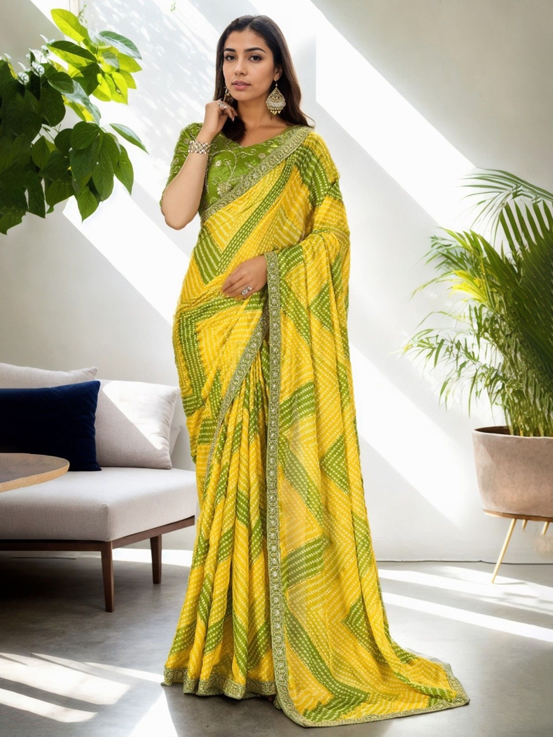 

MySilkLove Printed Embroidered Bandhani Saree, Yellow