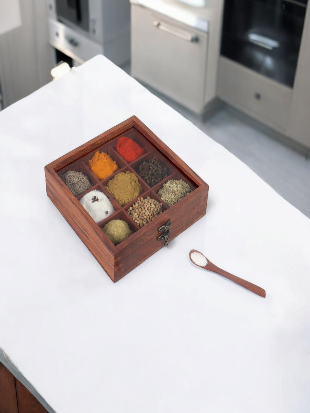 

Creation India Craft Brown Easy to Clean Wooden Spice Box