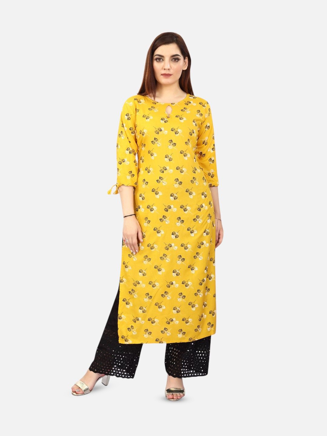 

Biyu Floral Printed Keyhole Neck Straight Kurta, Yellow