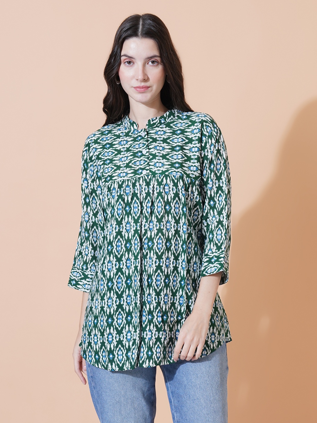 

GUDWEARS Women Printed Mandarin Collar Cuffed Sleeves Peplum Top, Green