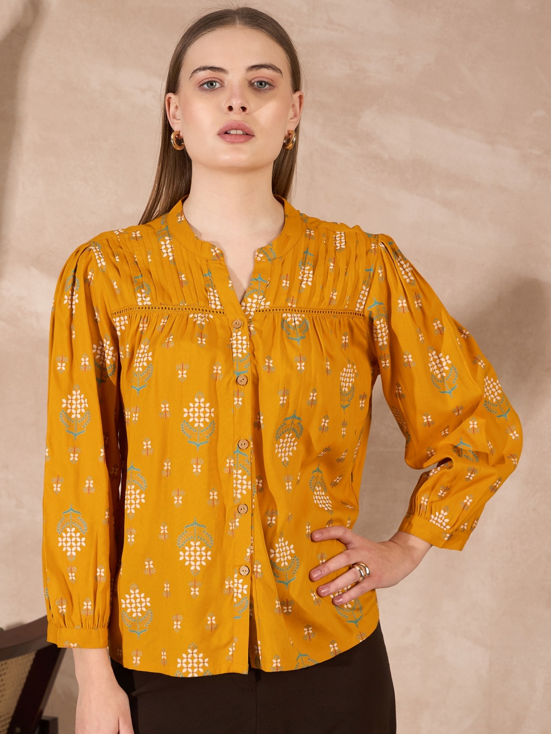 

all about you Women Floral Print Mandarin Collar Puff Sleeve Top, Yellow
