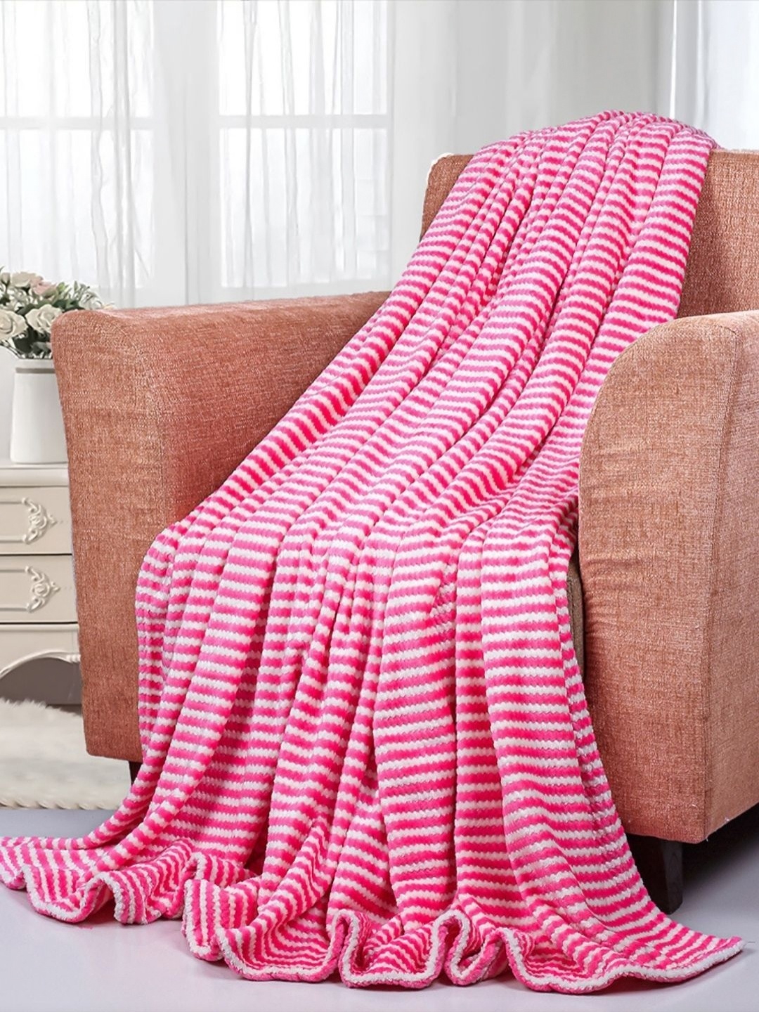 

VAS COLLECTIONS Pink & White Striped Fleece 300 GSM AC Room Single Bed Blanket